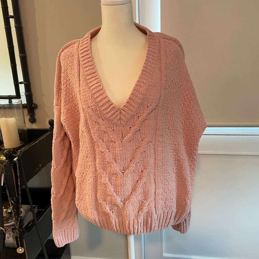 Pink Chunky Knit V Neck Sweater
